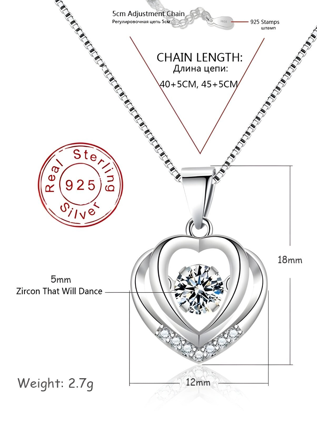 925 Sterling Silver Double Heart Necklace-Dazzling Dancing Zircon,Adjustable 270