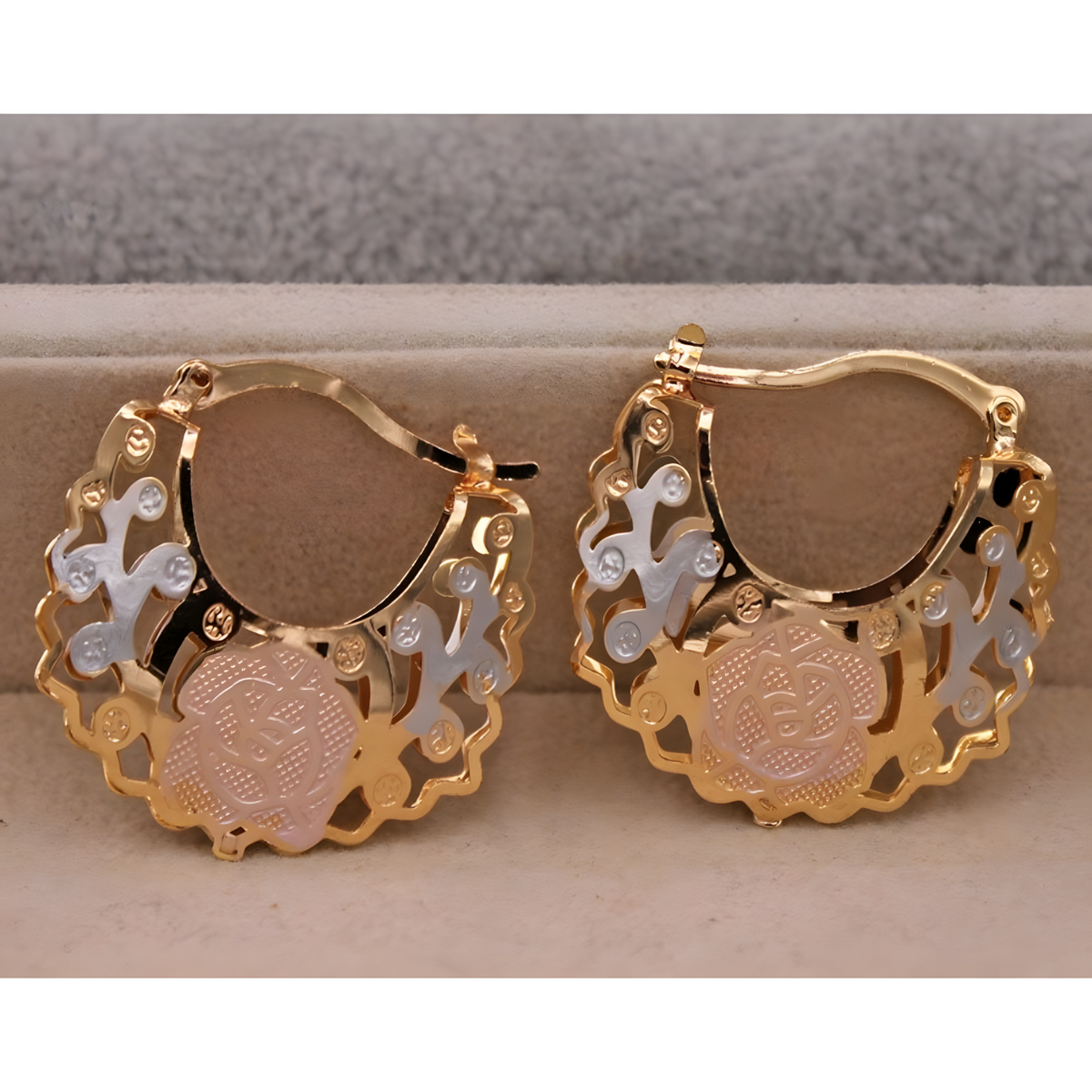Rose Pattern Gold-Plated Zinc Alloy Hollow Hoop Earrings Women Lightweight 1479