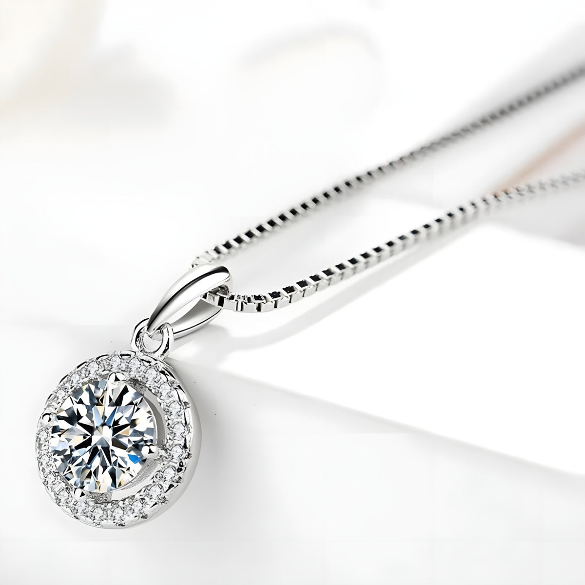 Sterling Silver Box Chain Necklace with Brilliant Zirconia Pendant Versatile 258