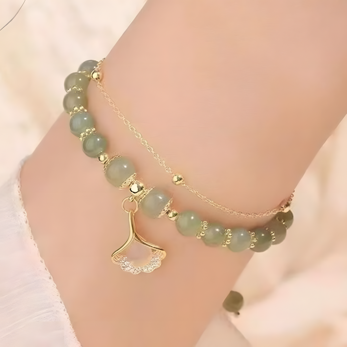 Elegant Pale Green Jade Beaded Bracelet, Gold Tone Adjustable Chain, Lotus 1741