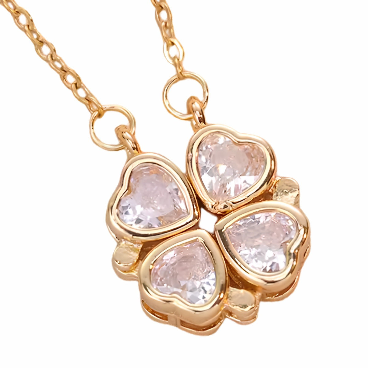 Women Pale Pink Four Leaf Clover Heart Pendant Necklace  Openable Crystal 1700