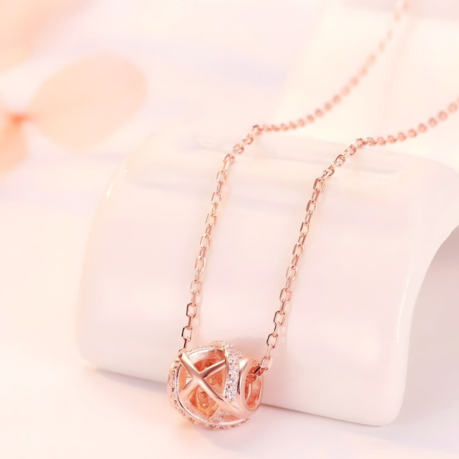 925 Sterling Silver Rose Gold Crisscross Pendant Necklace Elegant Globe 285