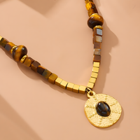 316L Gold Tone Tiger Eye Beaded Pendant Necklace Women Round Charm 1708