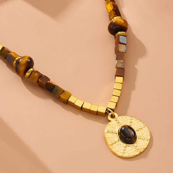 316L Gold Tone Tiger Eye Beaded Pendant Necklace Women Round Charm 1708