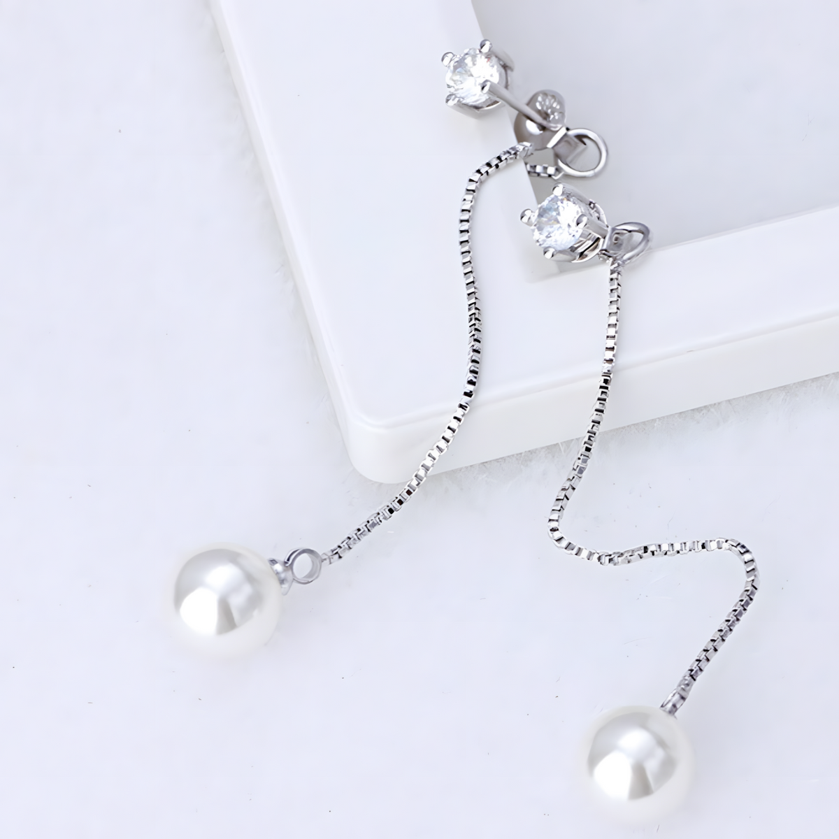 Silver-Plated Pearl Drop Earrings Women Long Chain Dangle Cubic Zirconia 922