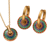 Gold Tone Painted Chrysanthemum Necklace and Hoop Earrings Set, Colourful 1725