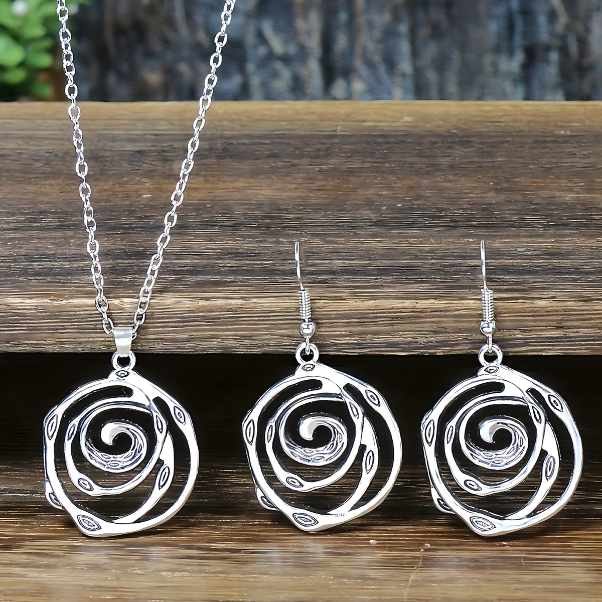 Boho Ethnic Spiral Jewelry Set for Women – Antique Silver Hollow-Out Pendant 676