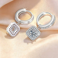 Sterling Silver Square Drop Hoop Earrings Cubic Zirconia Halo Elegant Dangle 345