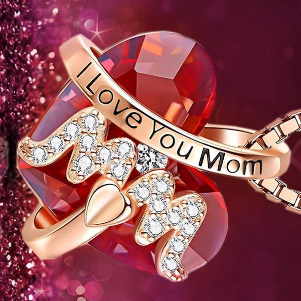 "I Love You Mom" Necklace -Red Crystal Heart Pendant Jewelry Gift for Mother B90