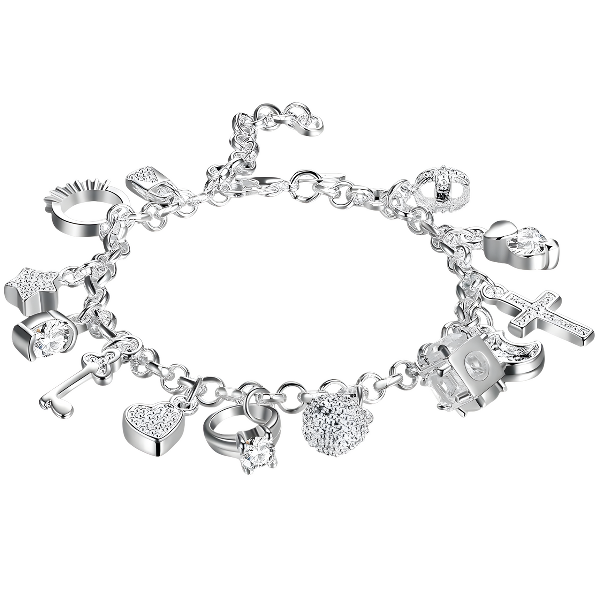 Charm Bracelet For Women With Heart Crown Cross Ring Star Round Link Chain 1762