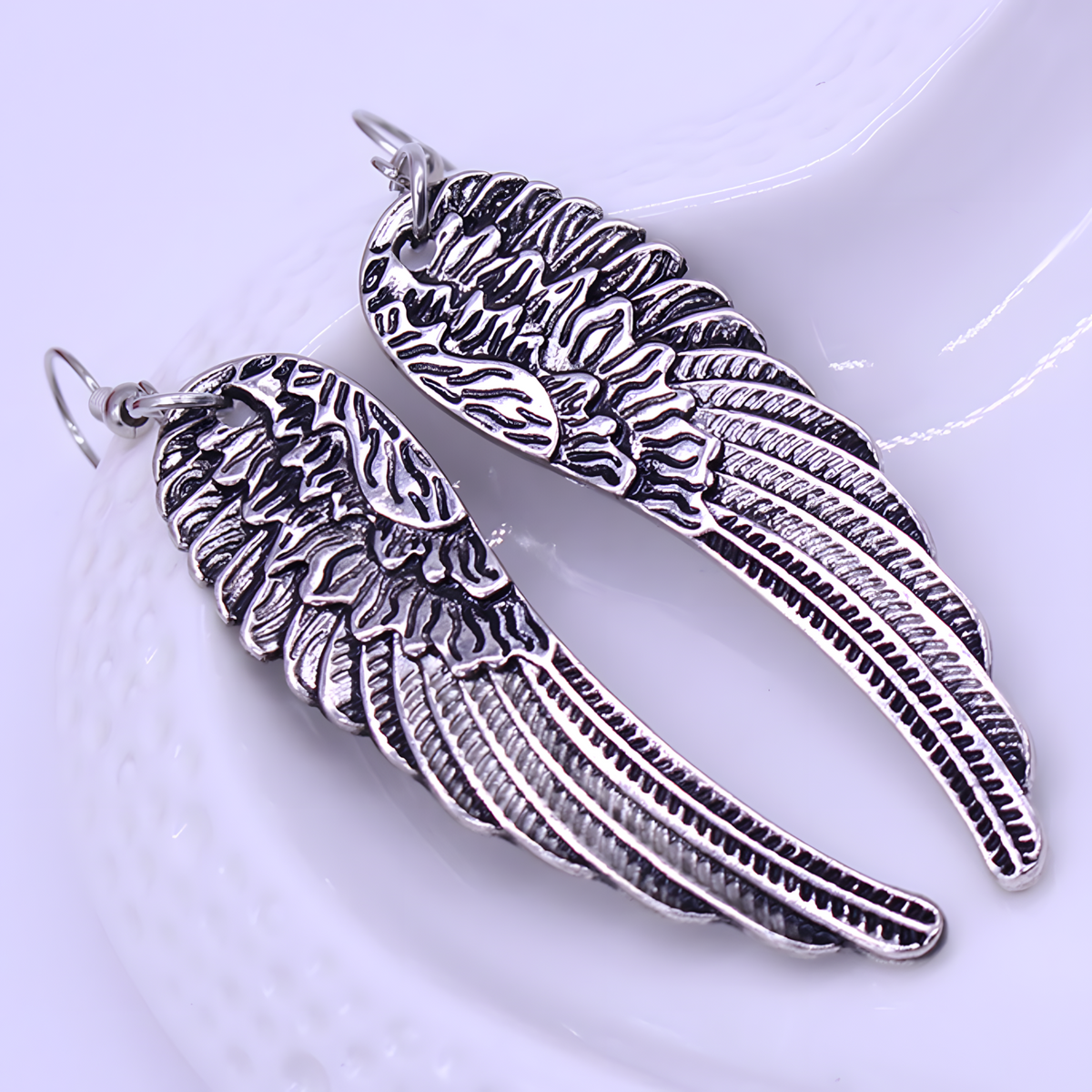 Silver Tone Angel Wing Dangle Earrings Women Feathered Design Hook Earrings B53