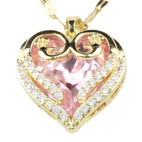 18K Gold Inlaid Pink Crystal Heart Pendant Necklace Cubic Zirconia Micro 1310
