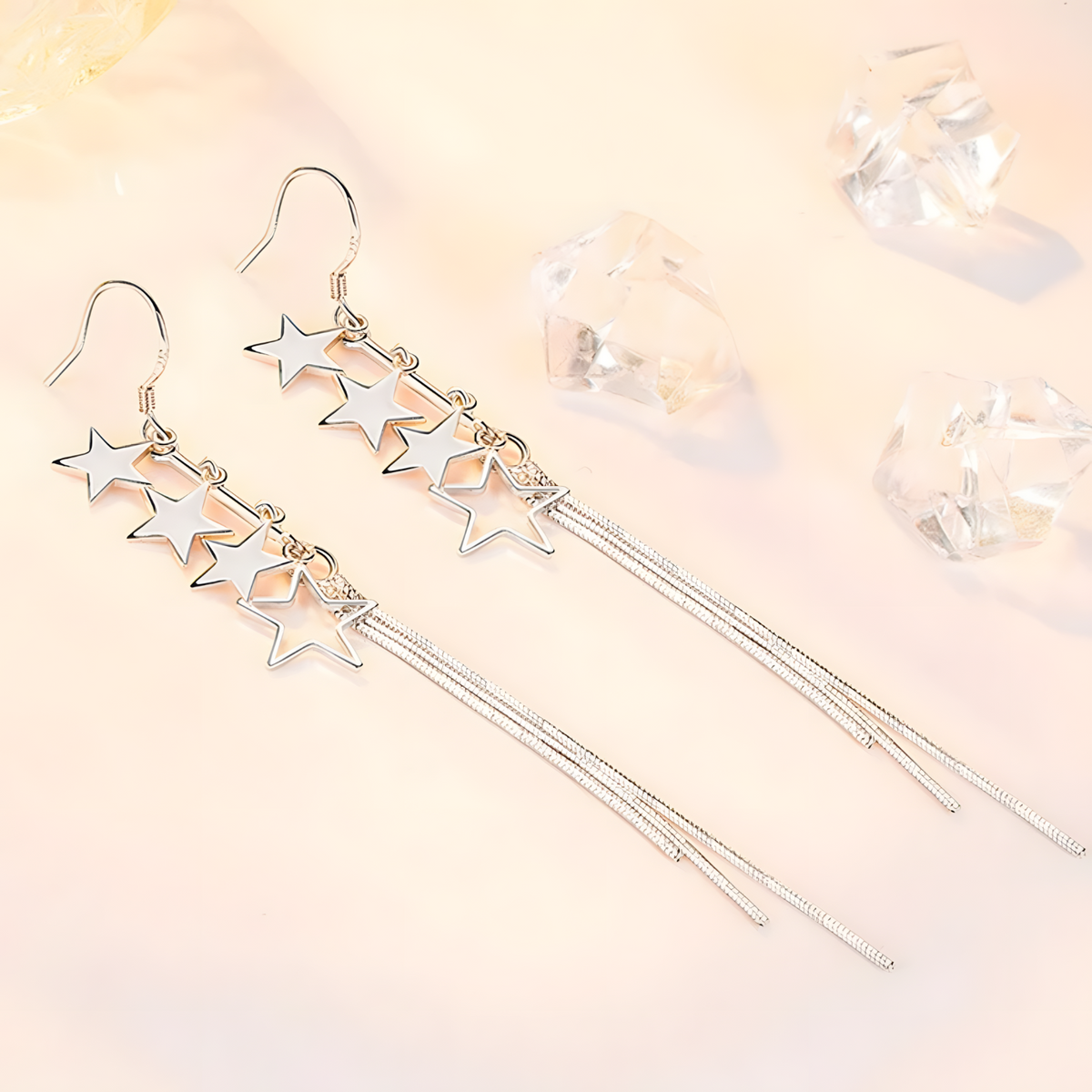 925 Sterling Silver Star Drop Earrings, Long Tassel Dangle, Sparkling 325