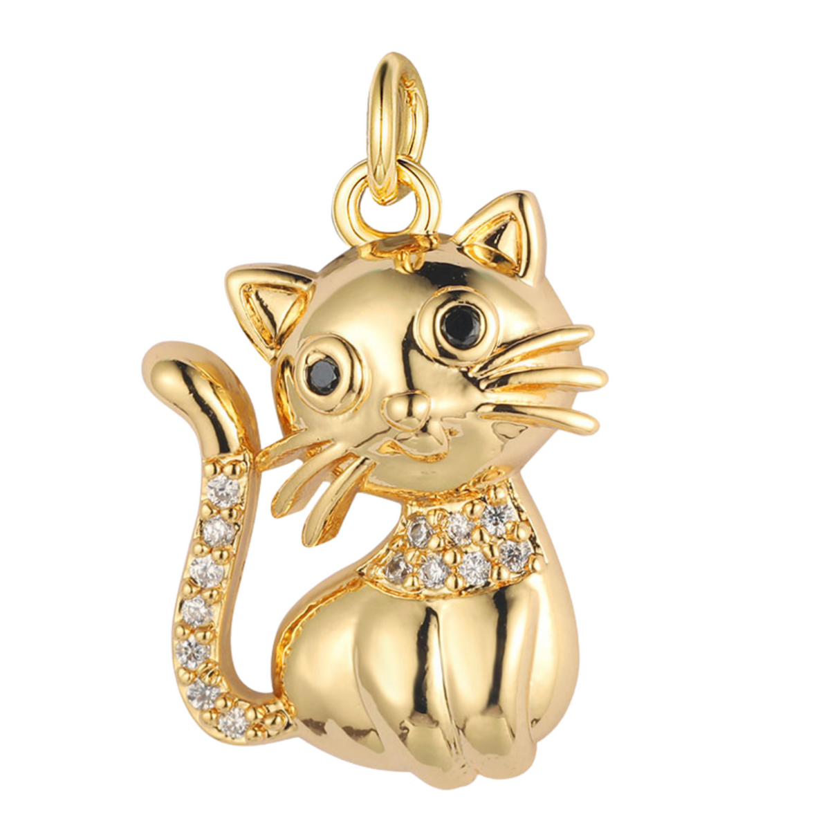Cute Sitting Cat Charm Copper Cubic ZirconGold Plated Pendant Clear & Black 563