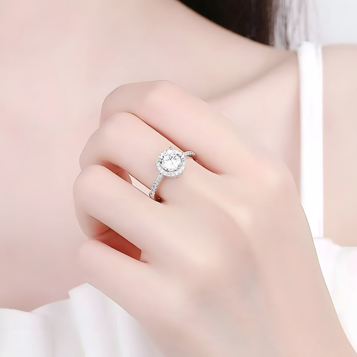 925 Sterling Silver AAA Cubic Zirconia Halo Engagement Ring, 8mm Round Cut 376
