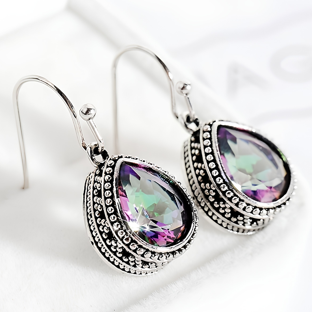 Teardrop Crystal Earrings For Women, Silver Tone Vintage Beaded Drop Dangle B352