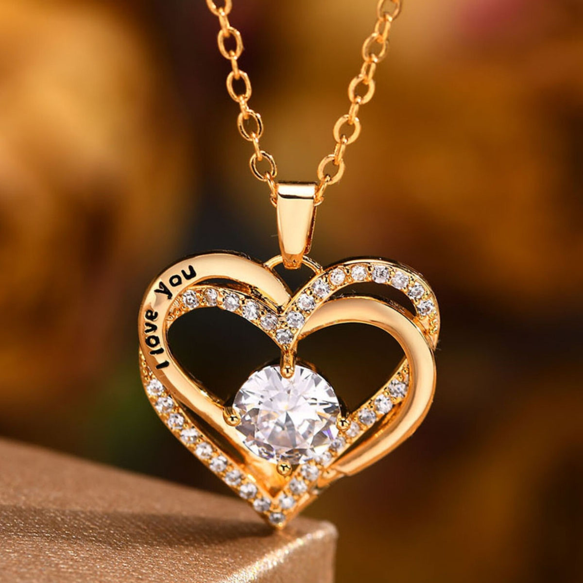 Gold Plated Heart Necklace Women Double Heart Pendant with AAA Cubic Zircon B4