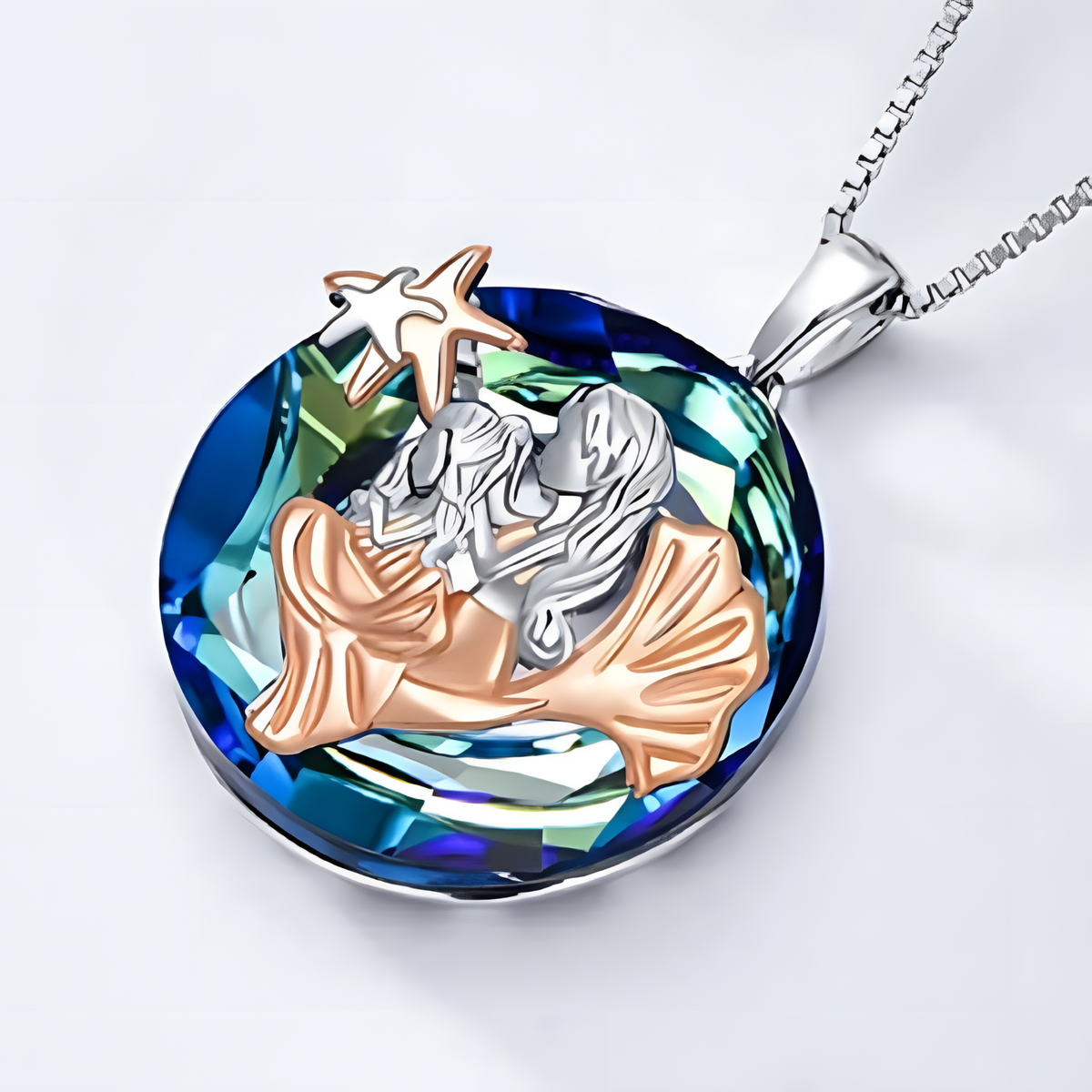 Mermaid Round Crystal Pendant Necklace - Classic & Fashionable Ladies Ocean B69