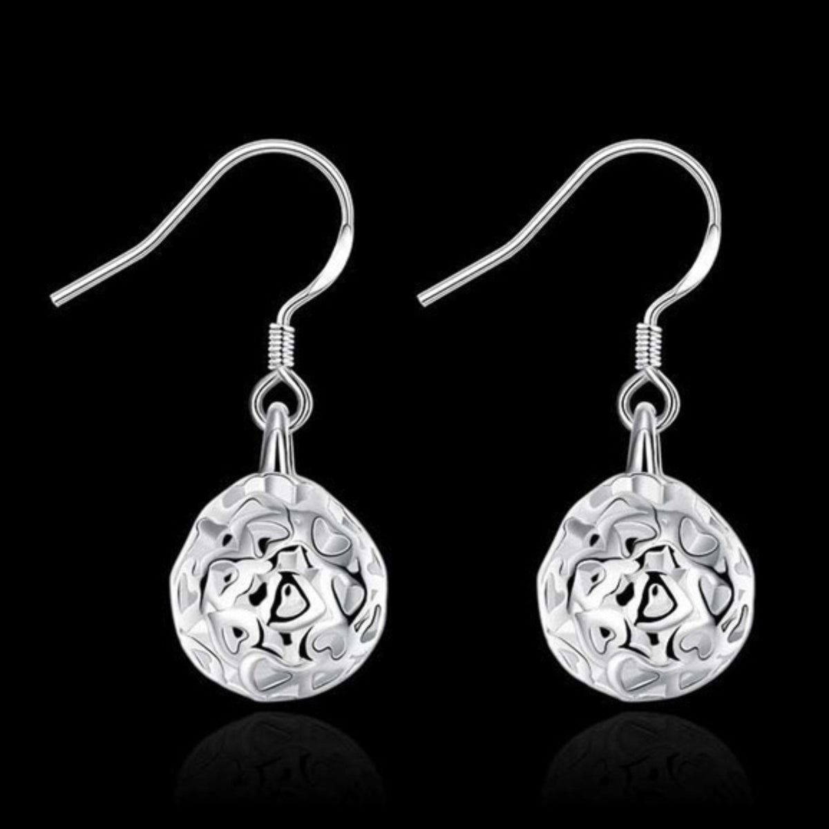 925 Sterling Silver Textured Ball Drop Earrings - Hollowed Out Sphere Dangle 357