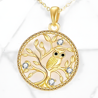 Round Gold Tone Owl Pendant Necklace – Metal Tree Of Life Design Crystal 1076
