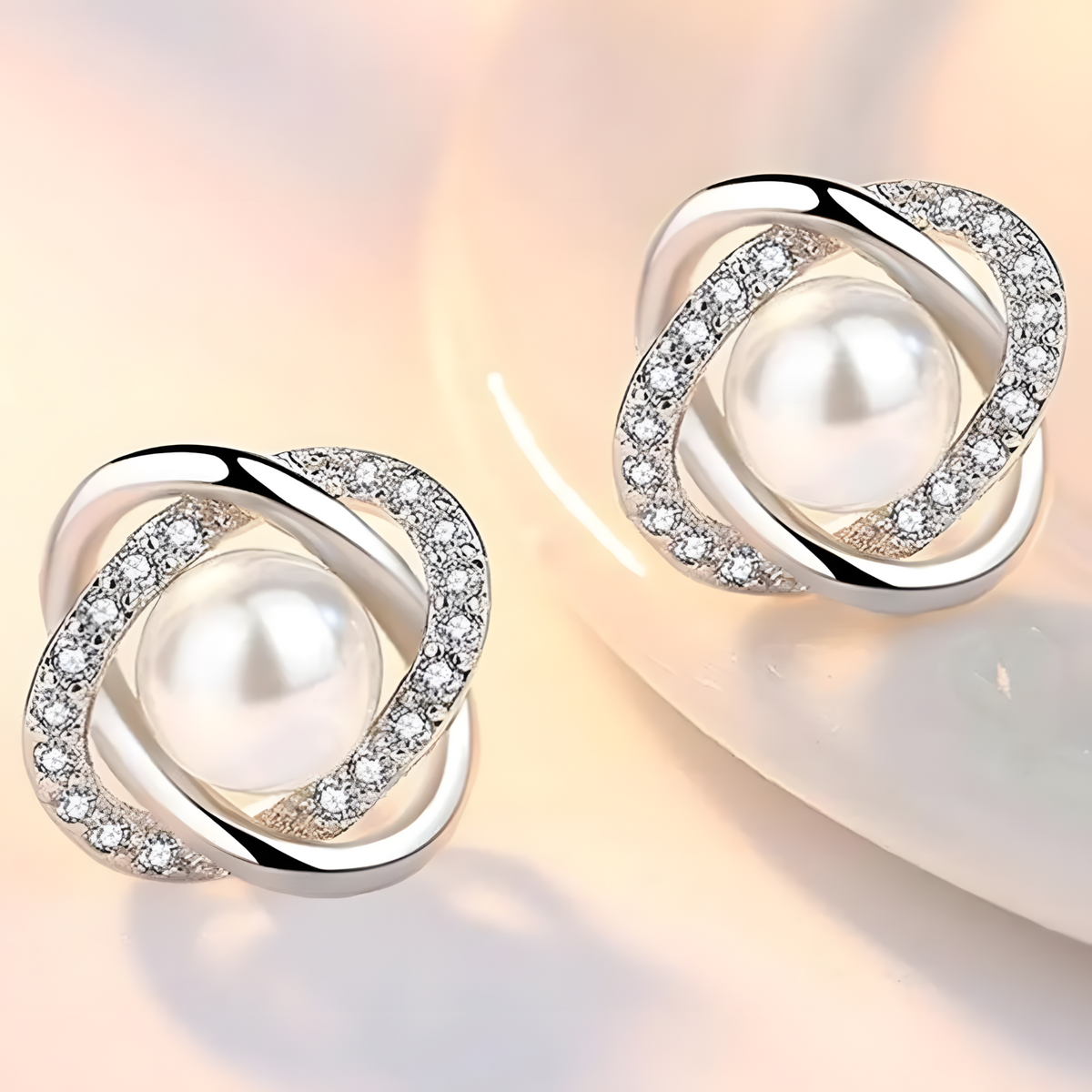 925 Silver-Plated Pearl & Crystal Stud Earrings for Women Elegant Round 11mm 899