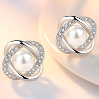 925 Silver-Plated Pearl & Crystal Stud Earrings for Women Elegant Round 11mm 899