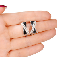 Modern Female Hoop Earrings: Black/White CZ X-Cross Two-Tone Design, 2cm 654