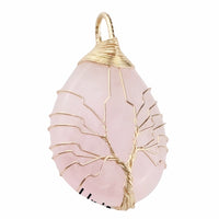 Gold Pink Crystal Tree Of Life Pendant Necklace For Women Oval Gemstone 1343