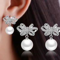 925 Sterling Silver Bow Knot Drop Earrings Pearls - CZ Bow & Pearl Dangle 351
