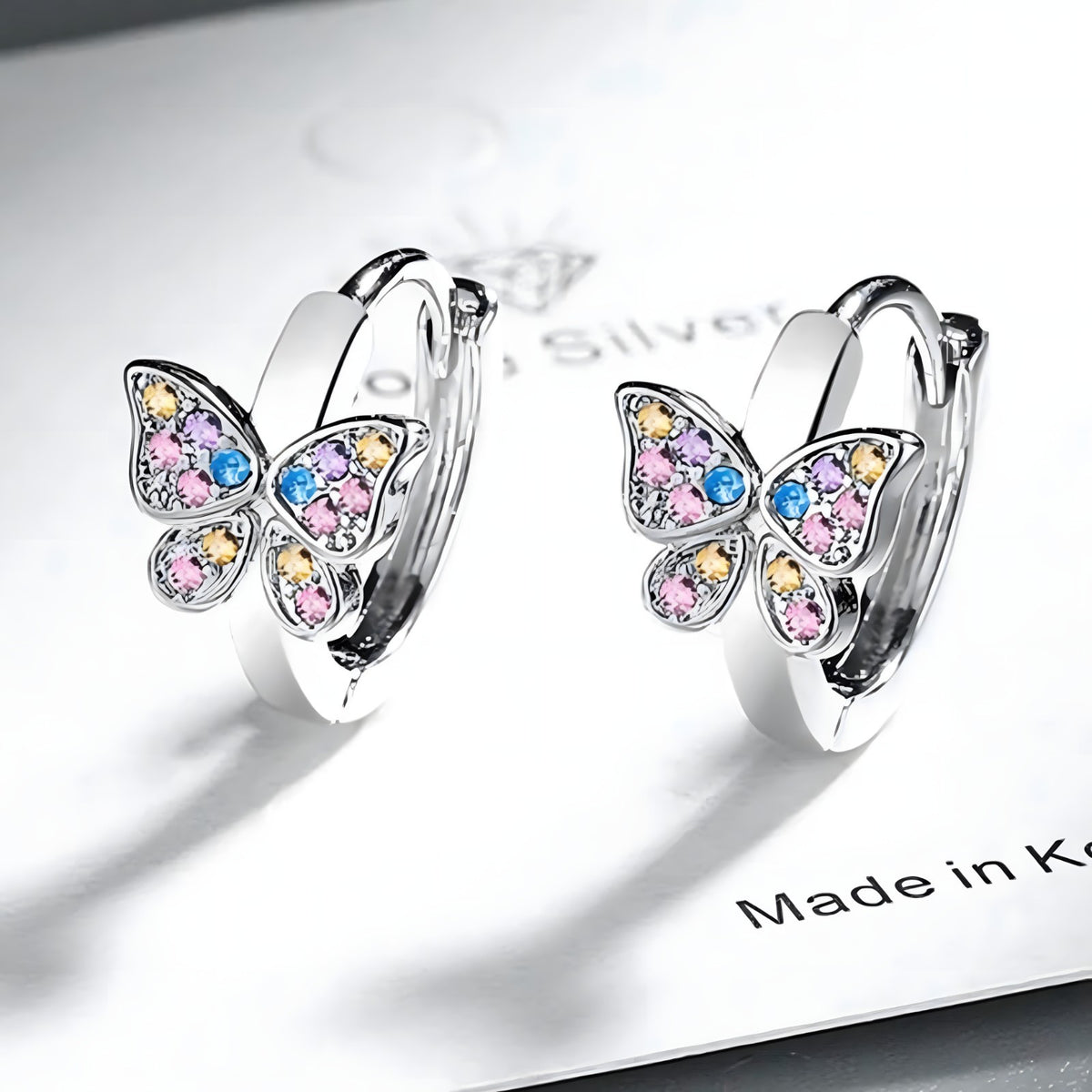 925 Sterling Silver Butterfly Hoop Earrings MultiColor Zircon Huggie 353