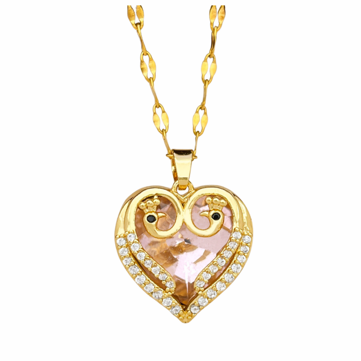 18K Gold Inlaid Pink Crystal Heart Pendant Necklace Cubic Zirconia Micro 1310