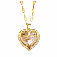 18K Gold Inlaid Pink Crystal Heart Pendant Necklace Cubic Zirconia Micro 1310