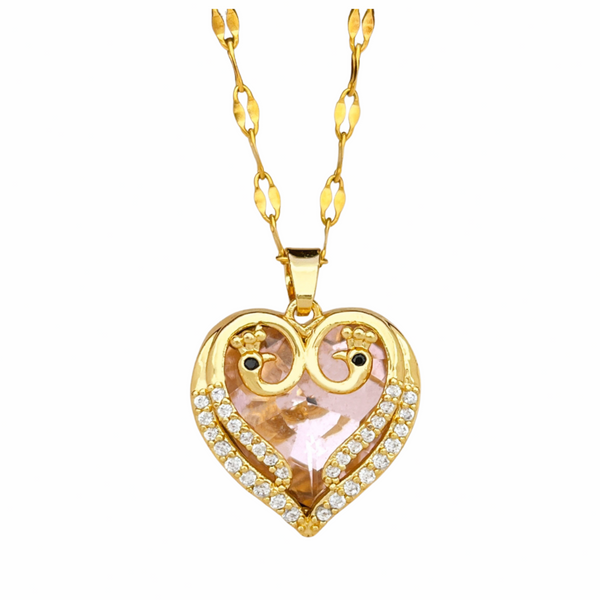 18K Gold Inlaid Pink Crystal Heart Pendant Necklace Cubic Zirconia Micro 1310