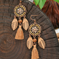 Boho Tassel Jewellery Set For Women Brown Flower Medallion Pendant Necklace 1711