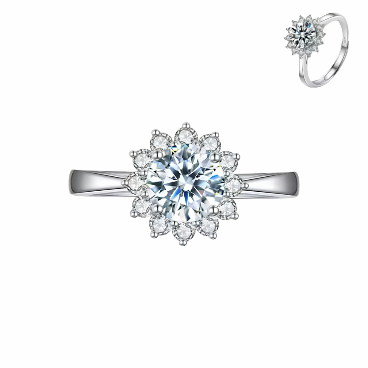Adjustable Women Ring Round Brilliant Zircon Halo Cluster Floral Design 1667