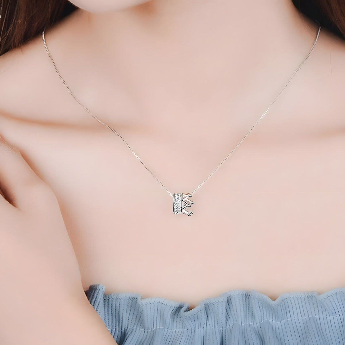 925 Sterling Silver Crown Charm Necklace Dainty Adjustable Length Zircons 268