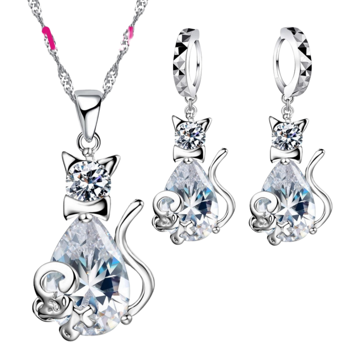 925 Sterling Silver Colour Cat Jewellery Set for Girls Cubic Zircon Necklace 726