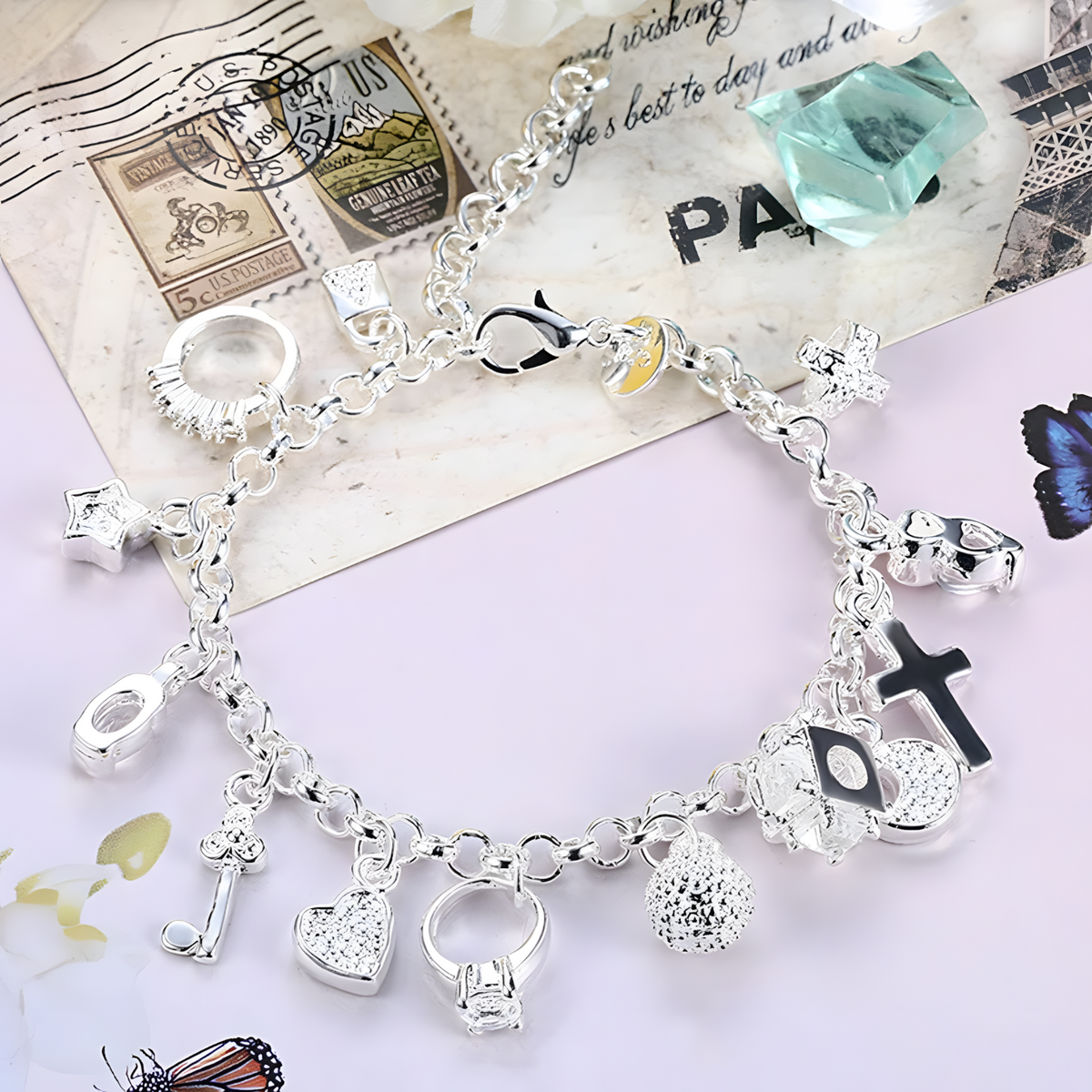 Charm Bracelet For Women With Heart Crown Cross Ring Star Round Link Chain 1762