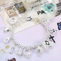 Charm Bracelet For Women With Heart Crown Cross Ring Star Round Link Chain 1762