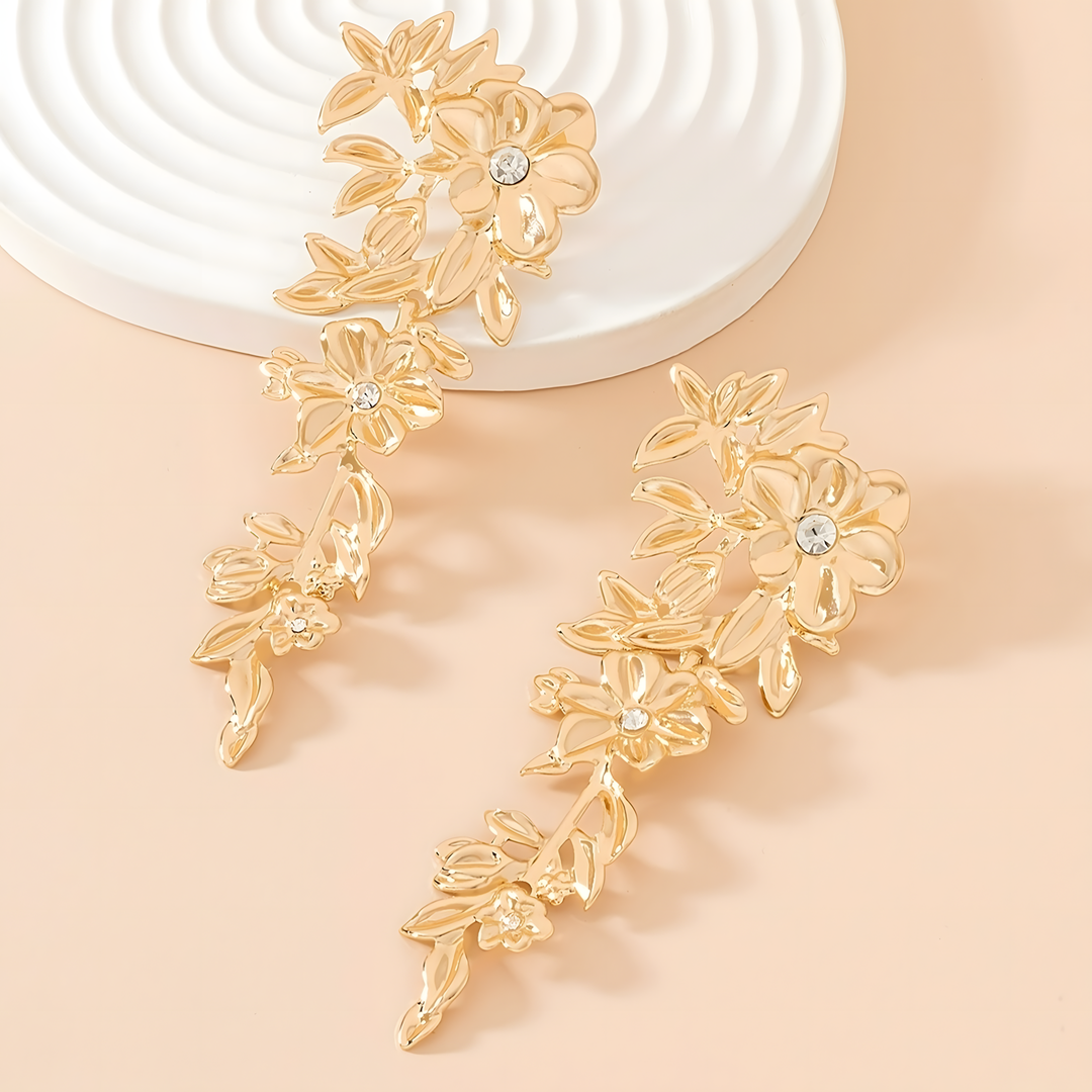 Floral Gold Long Drop Earrings for Women – Elegant 10cm Zinc Alloy Statement 766