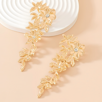 Floral Gold Long Drop Earrings for Women – Elegant 10cm Zinc Alloy Statement 766
