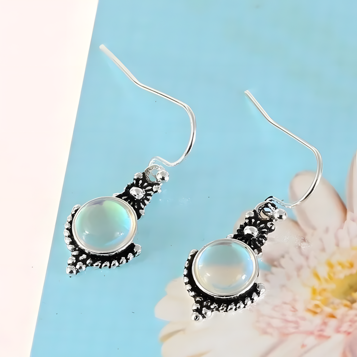 Women's Bohemian Dangle Earrings with Iridescent Opalite Gemstone Vintage B110