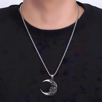 Vintage Crescent Moon Rose Pendant Necklace - Gothic Romantic Moon & Rose 1482