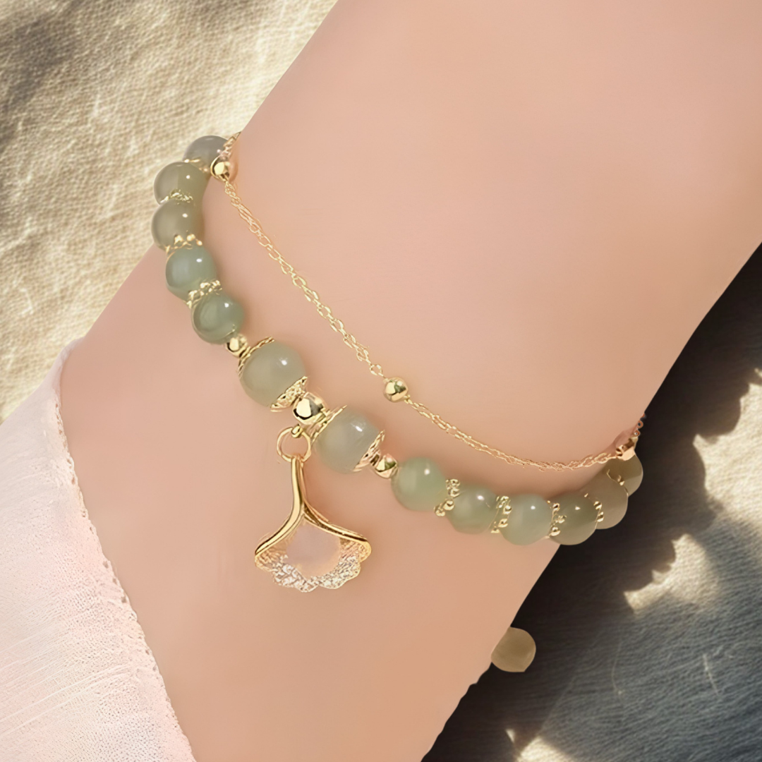 Apricot Green Beaded Bracelet, Gold Colour Double Layer Rope Chain, Leaf 1797