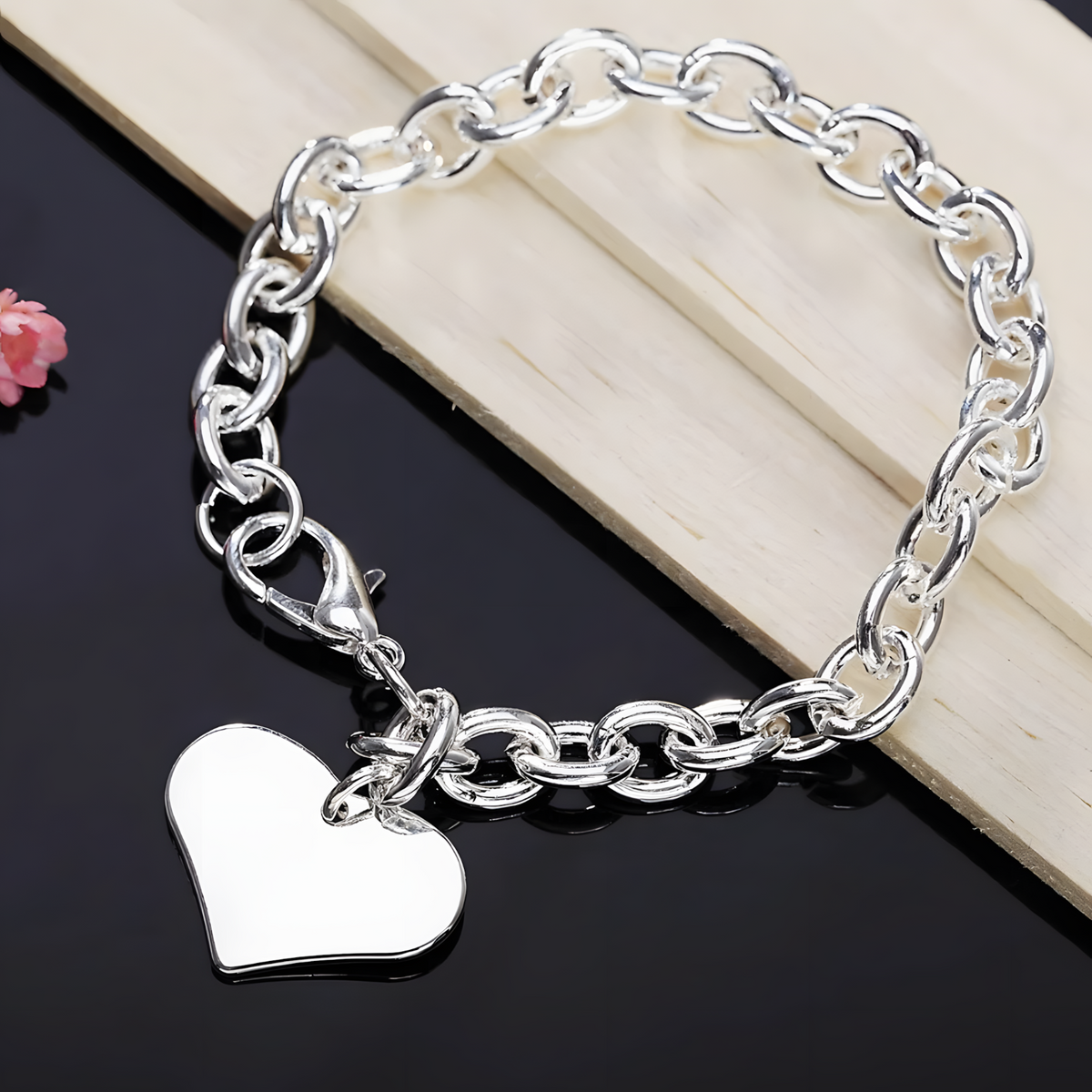 925 Sterling Silver Heart Charm Bracelet-Dangling Love Charm Secure Lobster 1804