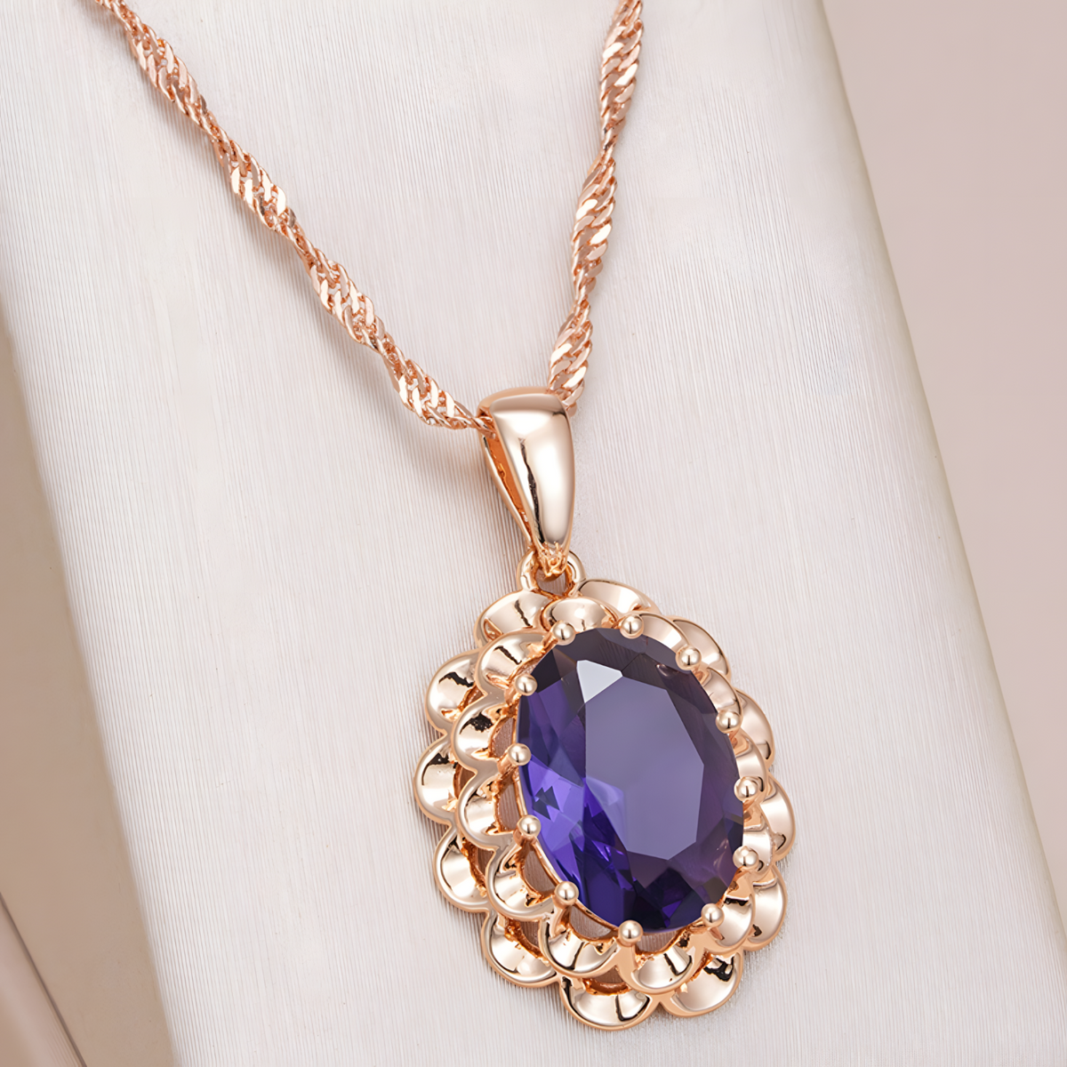 Purple Natural Zircon Pendant Necklace for Women, Copper Alloy Rose Gold 1294