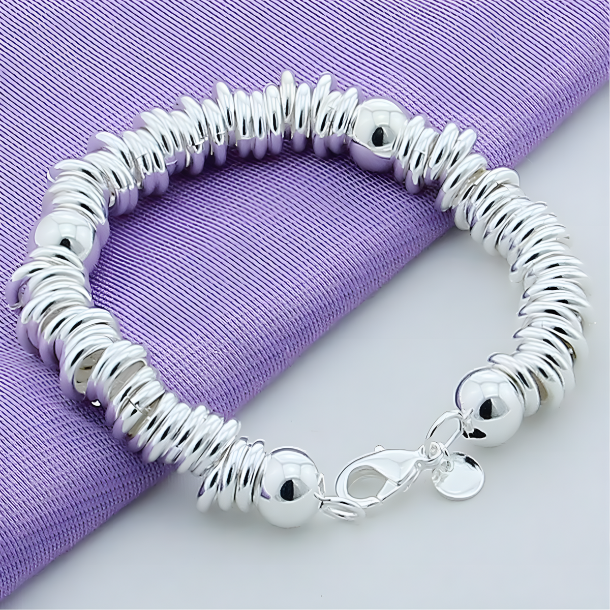 925 Sterling Silver Bell Bead Bracelet, Coiled Disc Strand Bracelet Lobster 1798