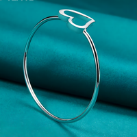 925 Sterling Silver Open Heart Bangle Bracelet for Women Delicate Round Wire 409