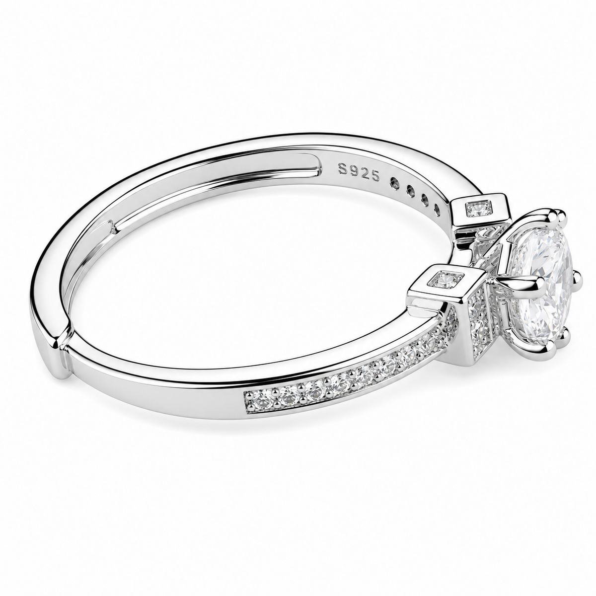 Adjustable Round Brilliant Zircon Engagement Ring, Silver Tone Solitaire 1608