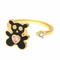 Teddy Bear Adjustable Open Ring Gold Tone Statement Ring with Black Enamel 1599
